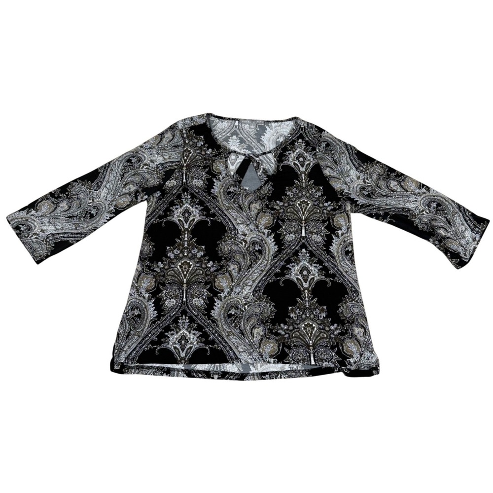 Valerie Stevens Womens XL Black White Paisley 3/4 Sleeve Keyhole Blouse Top